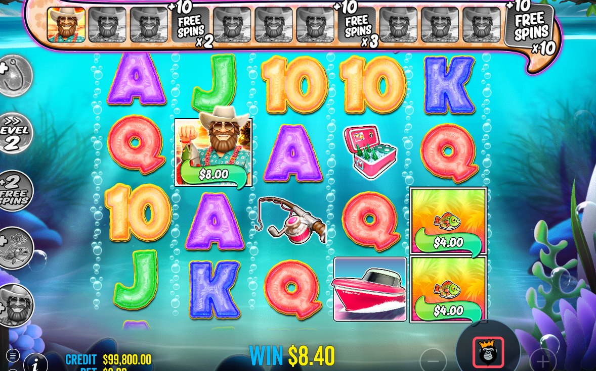 Free Spins reels with a fisherman WILD collecting fish values